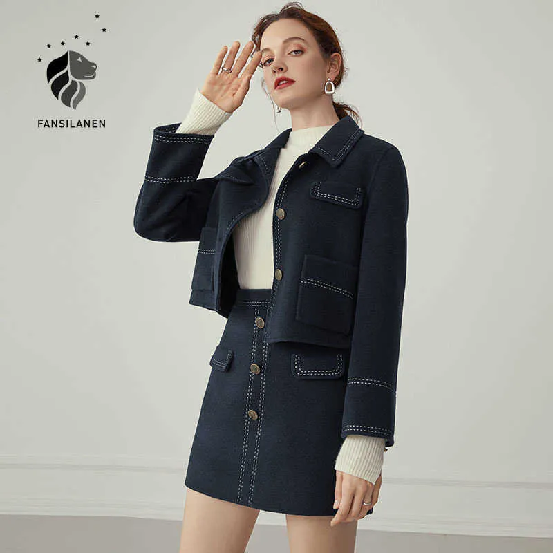 Fansilanen ullblandning Elegant två stycken Set Kvinnor Klänning Suit A-Line Kjol och Topp Höst Vinterkontor Vintage Coat Outfits 210607