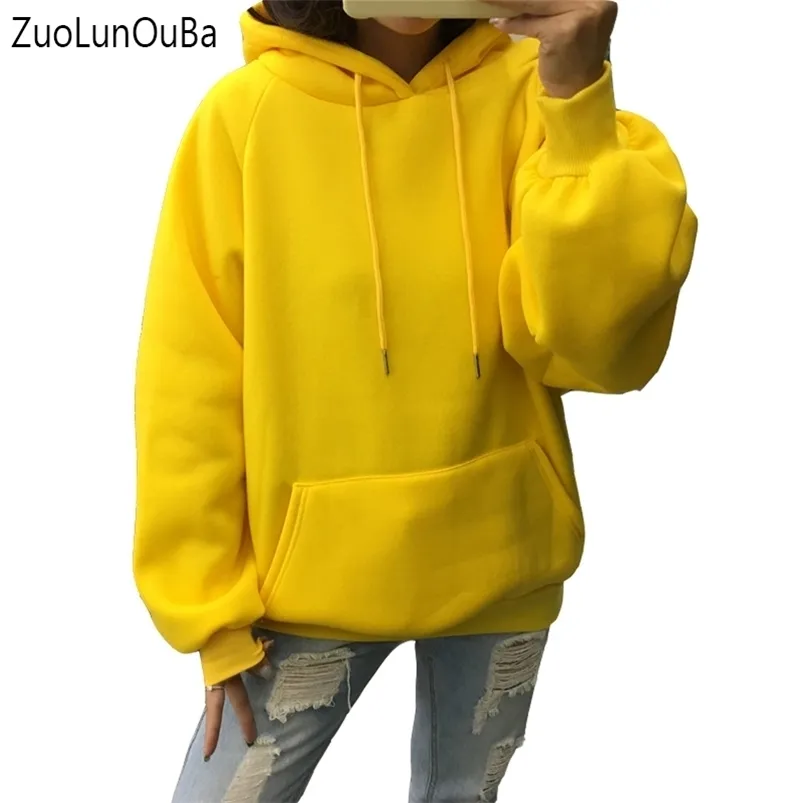 Zuoluba冬のカジュアルフリースの女性パーカースウェットシャツ長袖黄色い女の子プルオーバールーズフード付き女性厚いコート210816