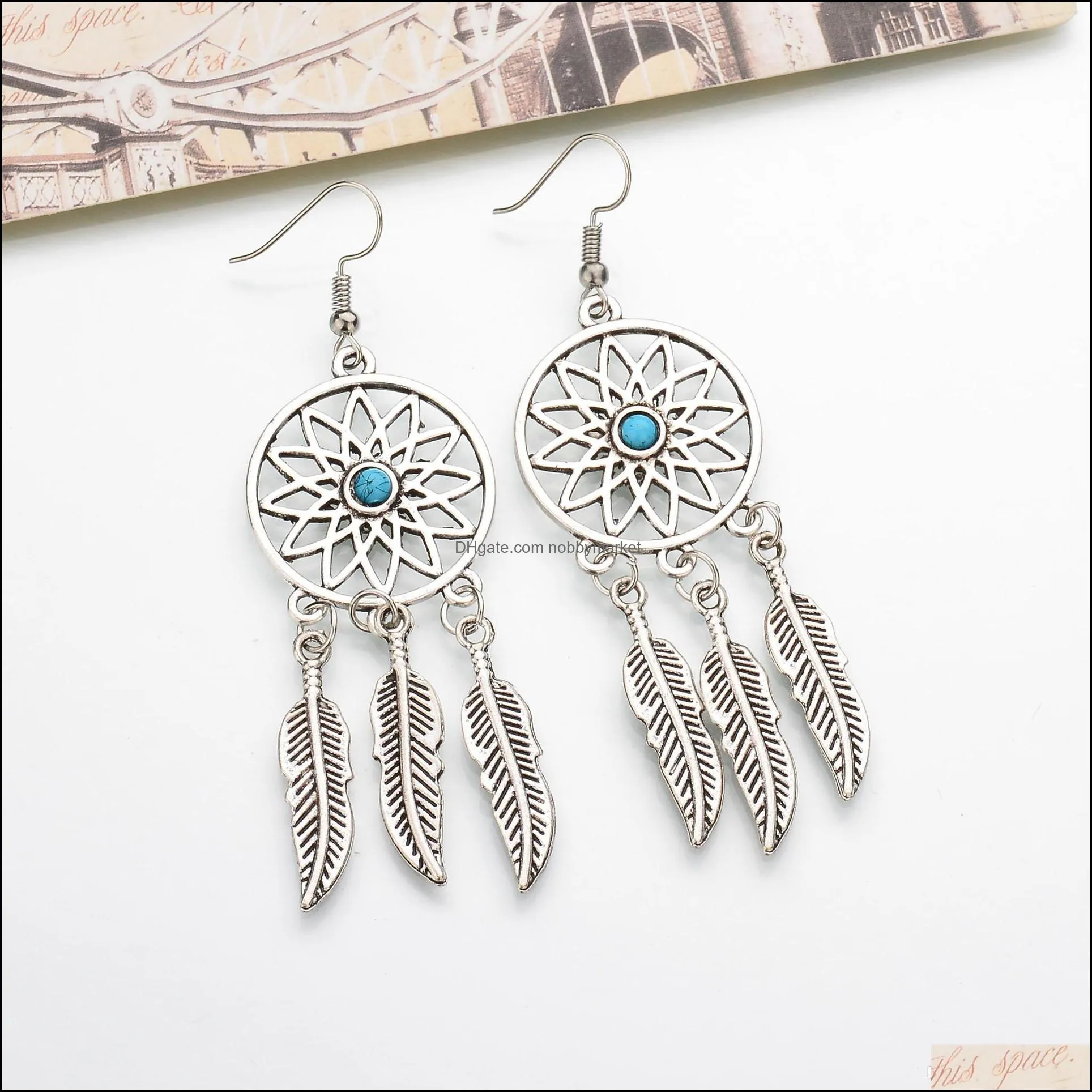 Ancient Silver Dream Catcher Feather Tassel Charm Pendant Earrings Fashion Vintage Creative Women Ladies Earrings Jewelry Best Friend