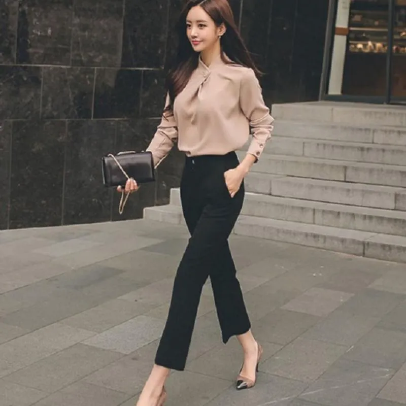 Women's Suits & Blazers 2021 AUTUMN Woman Business Suit Office Work Women Slim Stand Collar Loose Chiffon Blouse+Straight Pants 2pcs