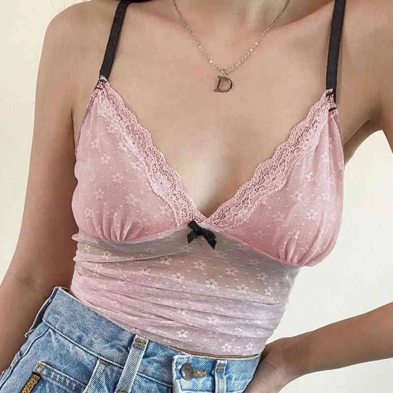 Blommig tryckt söt Y2K Crop Top Pink Camis Lace Patched Bow Cute Tank Top Spaghetti Strape V Neck Party New Trend Vest 210415