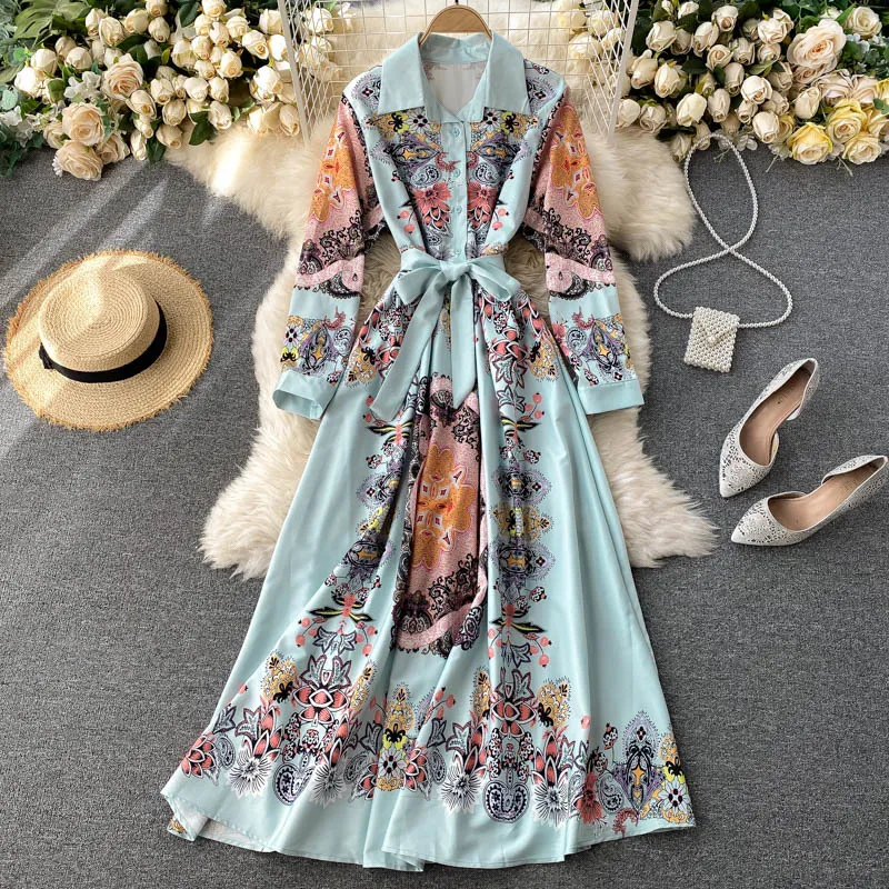 Singreiny Retro Impressão Maxi Vestido Mulheres Chic Coloque Colares Botão A-Linha Vestido Outono Coreano Boho Floral Corte Vento Longo Robe 210419