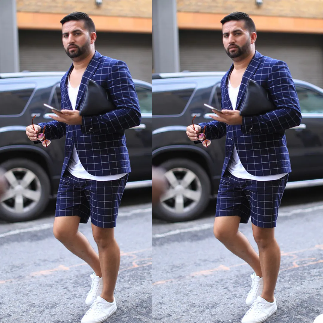 Summer Navy Check Mens Short Tuxedos High Quality Plus Size Wedding Blazer Suit Formal Prom Party Pants Coat Jacket 2 Pieces