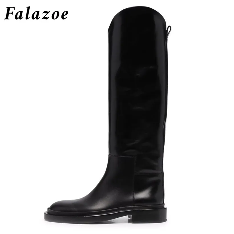 Falazoe Faux Leather Riding Boot Designer Brand Luxury Knee High Tall Black Slip on Flat Autumn Female Shoes 220106