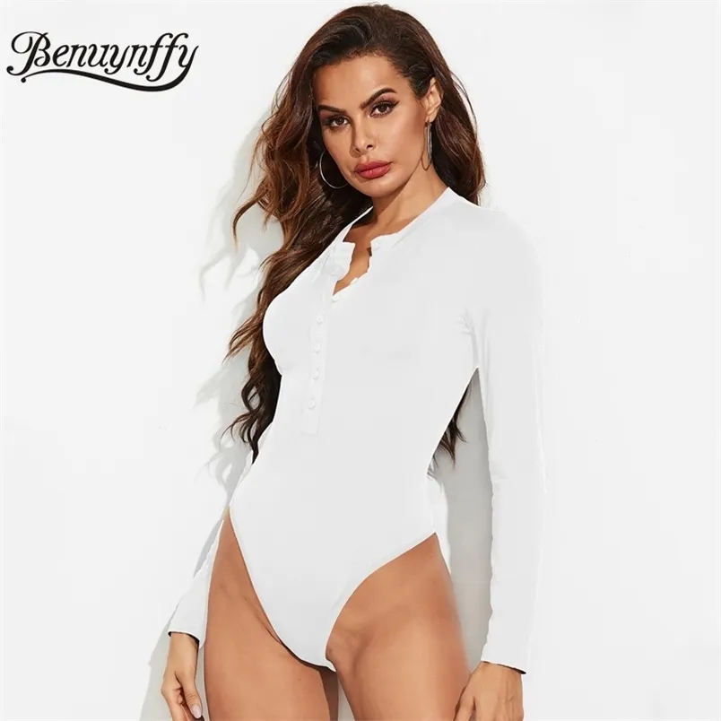 Button Front Black White Stretchy Bodysuits Spring Autumn O Neck Long Sleeve Women Solid Slim Fitted 210510