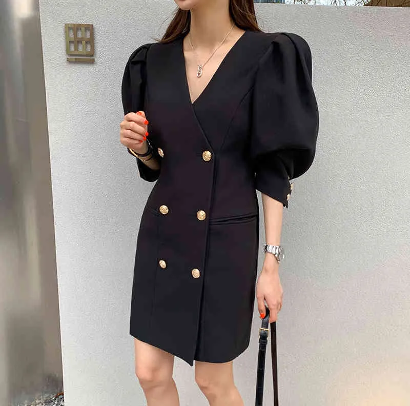 Women Black Office Lady Double Breasted Dress V-neck Three Quarter Puff Sleeve Fashion Spring Autumn 2F0516 210510