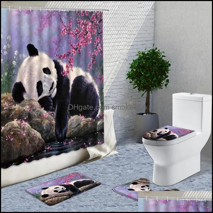 Shower Curtains Fun Panda Bath Mat Cute Cartoon Animal Non-Slip Rug Childrens Room Bathroom Decor Toilet Cover Luxury Carpet Set