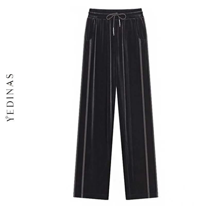 Yedinas Vintage Pantalones Terciopelo Cintura Alta Pierna Ancha Streetwear Pantalones Mujer Casual Elástico Suelto 210527