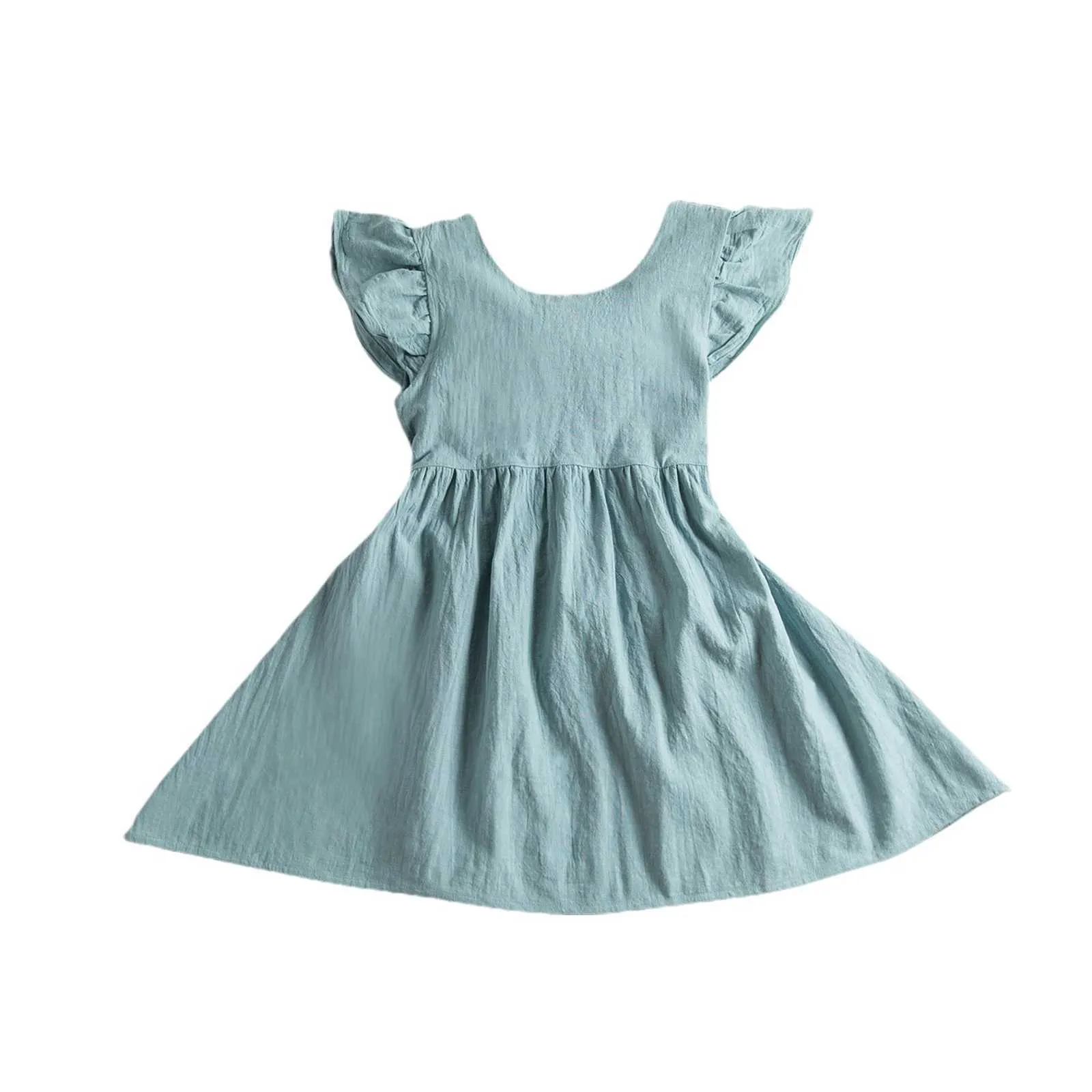 Lioraitiin 2-6Years Toddler Girls Summer Pleated Fly Sleeve Klänning Färsk Fast Färg Bow Backless Baby A-Line Princess Dress Q0716