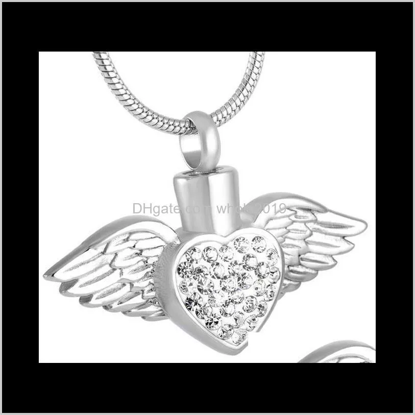 ijd8496 pink/blue/white crystal heart wing stainless steel cremation necklace pendant keepsake ashes urn jewelry for women