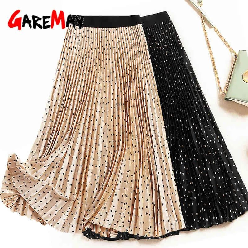 Skirt With High Waist Casual Women Polka Dot s Black A Line Elastic Pleated Midi For 210428