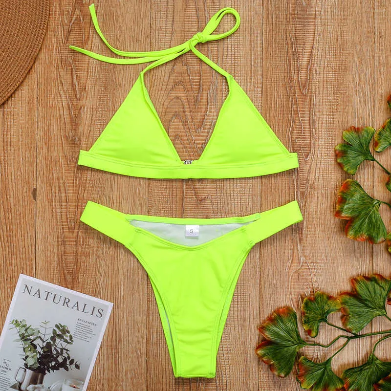 New Neon Green Brazilian Bikini 2021 Female Swimsuit Women Swimwear Two pieces bikini set Halter Sexy Bather Bathing Suit swim Y0820