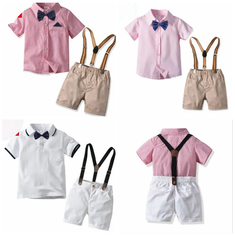Boys Bow Tie Suspender Pants Set Short Sleeve Outfit With 7