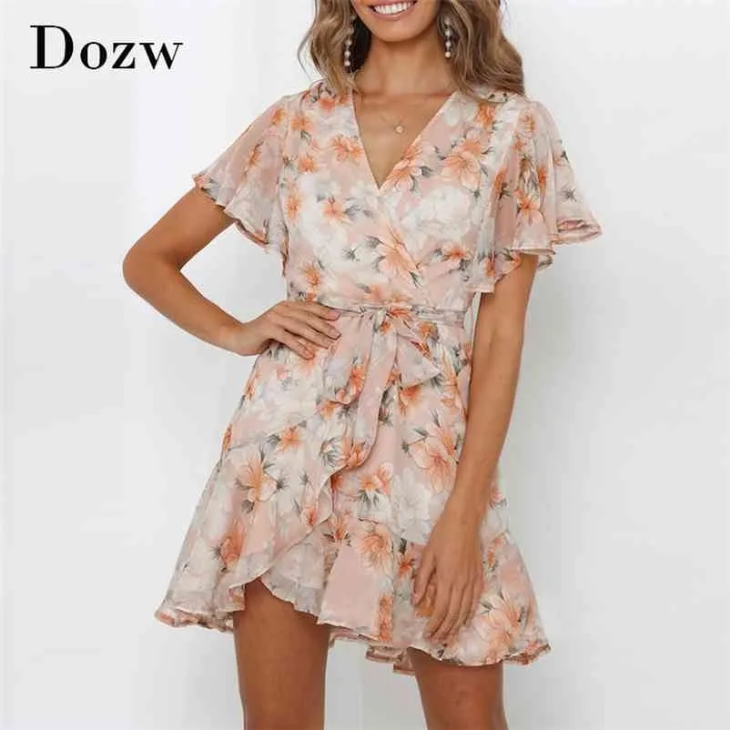 Boho Floral Print Mini Chiffon Dress vネックフレア半袖ビーチ夏包帯フリルAラインローブフェムメ210515