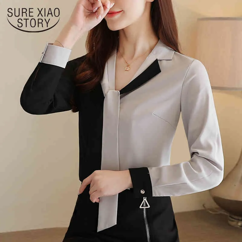 Koreaanse losse plus size grijze blouse herfst stijl lange mouwen chiffon shirt vrouwen v-hals dameskleding 10753 210415