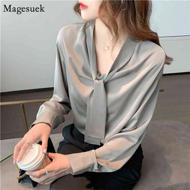 Höst koreansk tröja kvinnor grå långärmad chiffong blus mode båge v-neck office blouses lösa toppar 11545 210512