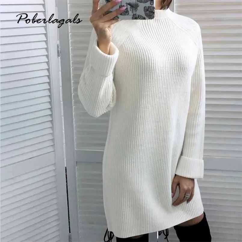 Зимние повседневные вязаные платья женщины осень женские длинные рукава сплошной свитер дамы прямые дна мини 210508