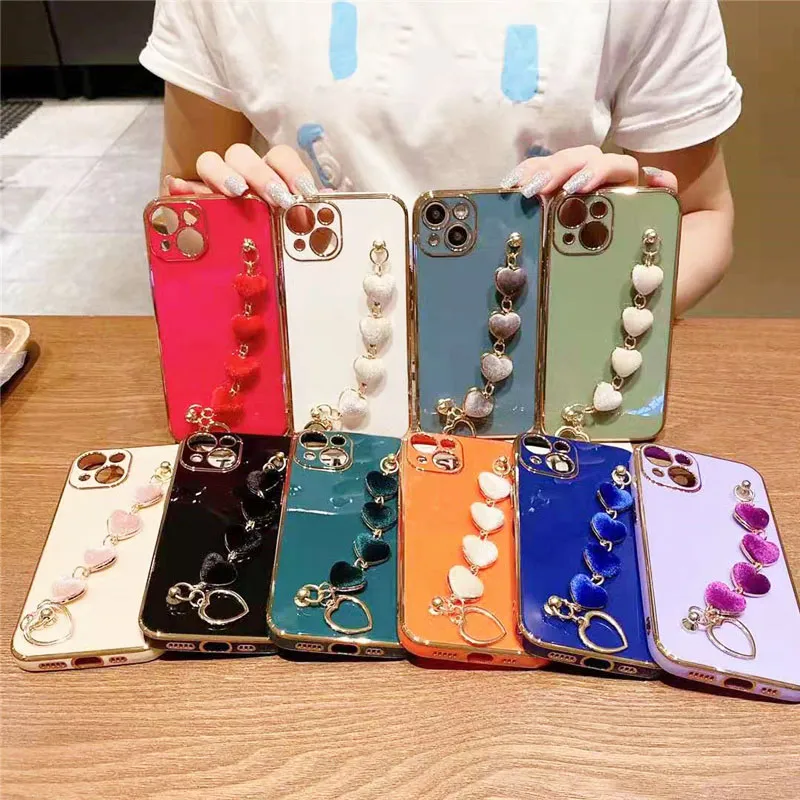 Love Heart cell phone cases Fabric Bracelet Hand Holder Cover for iphone 13 12 11 Pro Max Luxury Plated Gold Electroplated covers