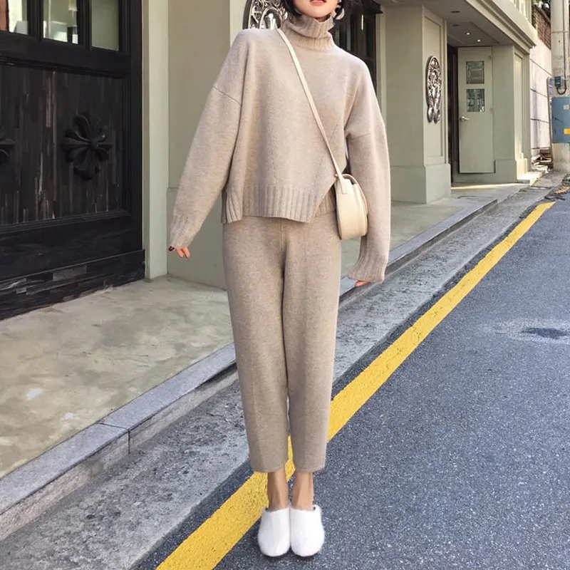 Winter Women Sweater Two Piece knitted Sets Jacquard Knit Tracksuit Chic Pullover Crewneck Long Sleeve Top Wide Leg Pants 210514