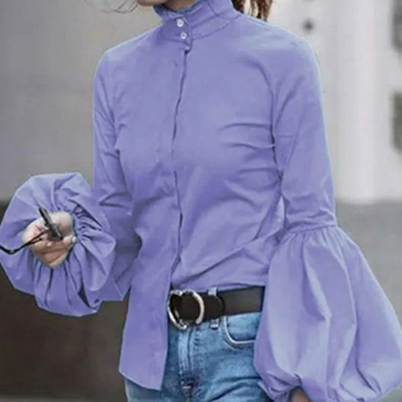 Bluzka Kobiety Koszulki Solid Plus Size 3XL Single Breasted Button Turtleneck Puff Sleeve Office Damskie Topy Slim Fit Vintage Clothe 210416