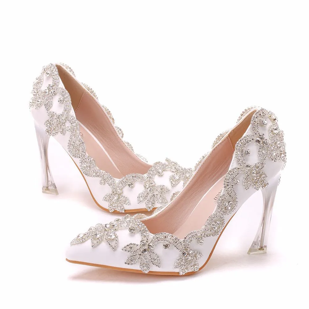 Sparkly Crystals Beaded White Leather Wedding Shoes For Bride Pointed Toe 9CM High Heels Bridal Prom Evening Pumps Stylish Elegant Women Accessories