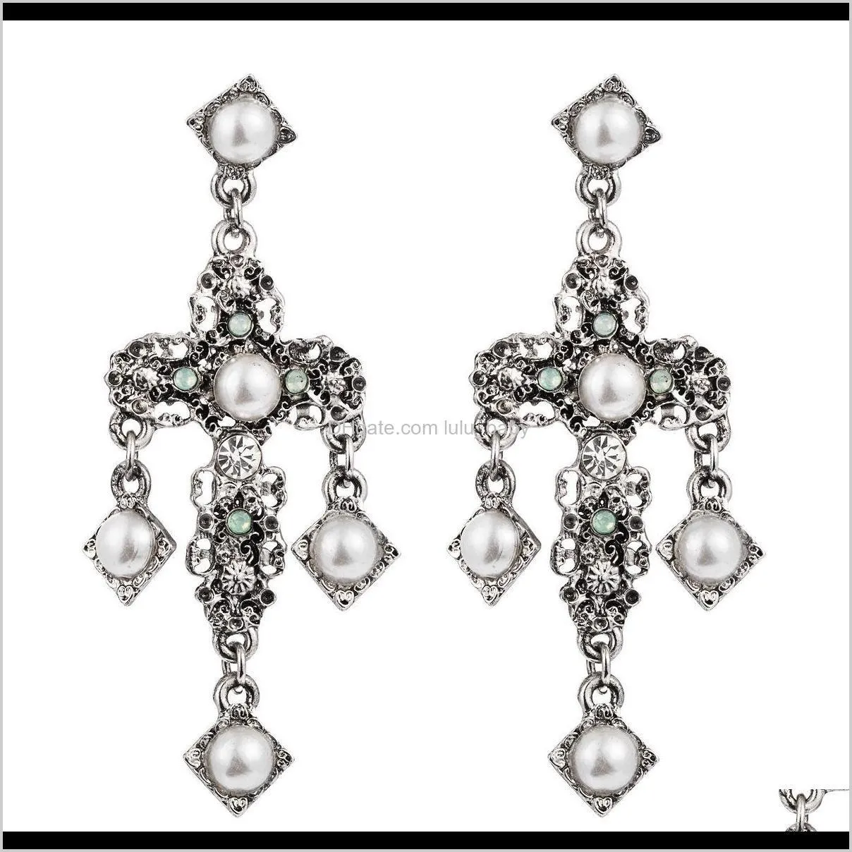 exaggerated personality alloy diamond inlaid pearl cross earrings female court style temperament earring