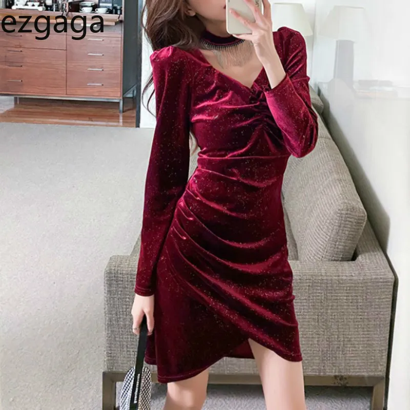 Ezgaga Sexy Elegancka Sukienka Kobiety Wiosna Koreański Chic V-Neck Welor Z Długim Rękawem Solid Ladies Bodycon Dress Party Vestidos 210430