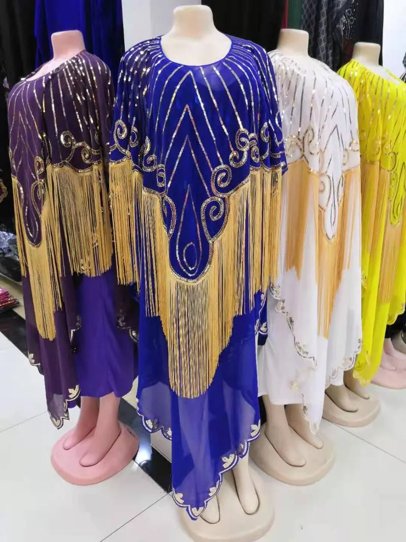 Etniska kläder Afrikansk dam Dashiki Mode Abaya Snygg KWA Chiffong Batwing ärm Paljett tofsar Lös mångsidig klänning Fri storlek
