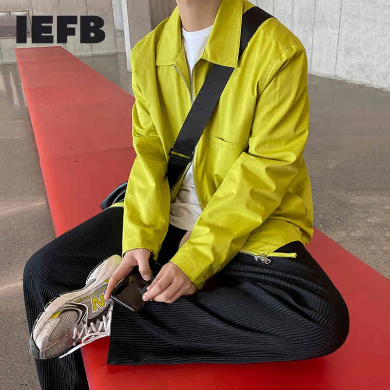 IEFB / Herr slitage Höstluorescerande grön jacka Mode Koreansk stil All-Match Stor Storlek Kläder Casual Lapel Zipper Coat 9Y4077 210524
