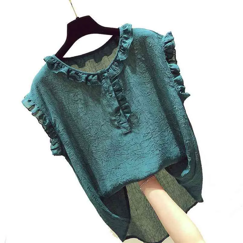 Kore Moda Yaz Kadın Gömlek Artı Boyutu Tatlı Sevimli Kolsuz Şifon Gömlek Ruffles Bluzlar Kadın Giysi Tops D26 210512