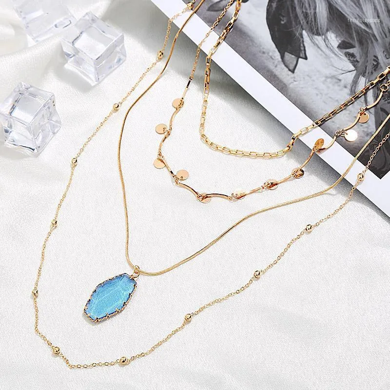 Chains 4 Layers Oval Crystal Stone Pendant Chain Necklace Multi-layer Charm Collar Choker For Women Jewelry Gift1