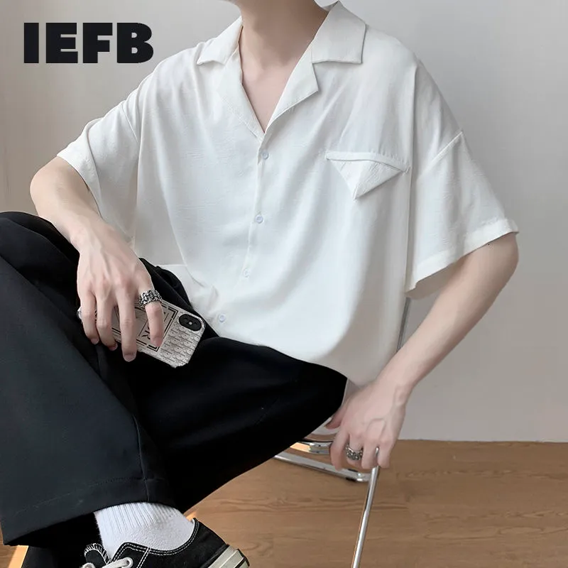 IEFB Ice soie chemise à manches courtes hommes été beau col cranté lâche décontracté noir blanc chemises tendance hauts 9Y7706 210524