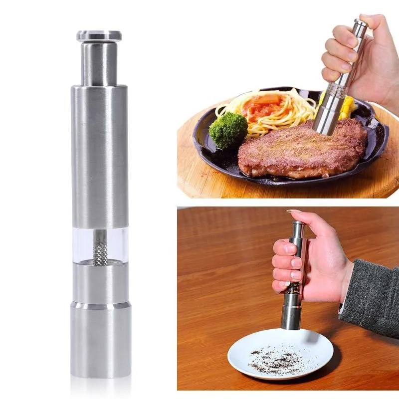 Manual Pepper Mill Salt Shakers One-handed Pepper Grinder Stainless Steel Spice Sauce Grinders Stick Kitchen Tools DH9568