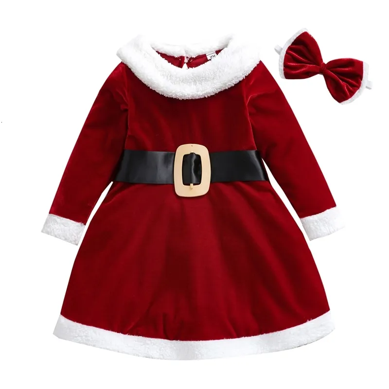 Miúdos meninas vestido de Natal conjunto de manga longa festival de flanela macio com faixa 2pcs roupas 12m-5t