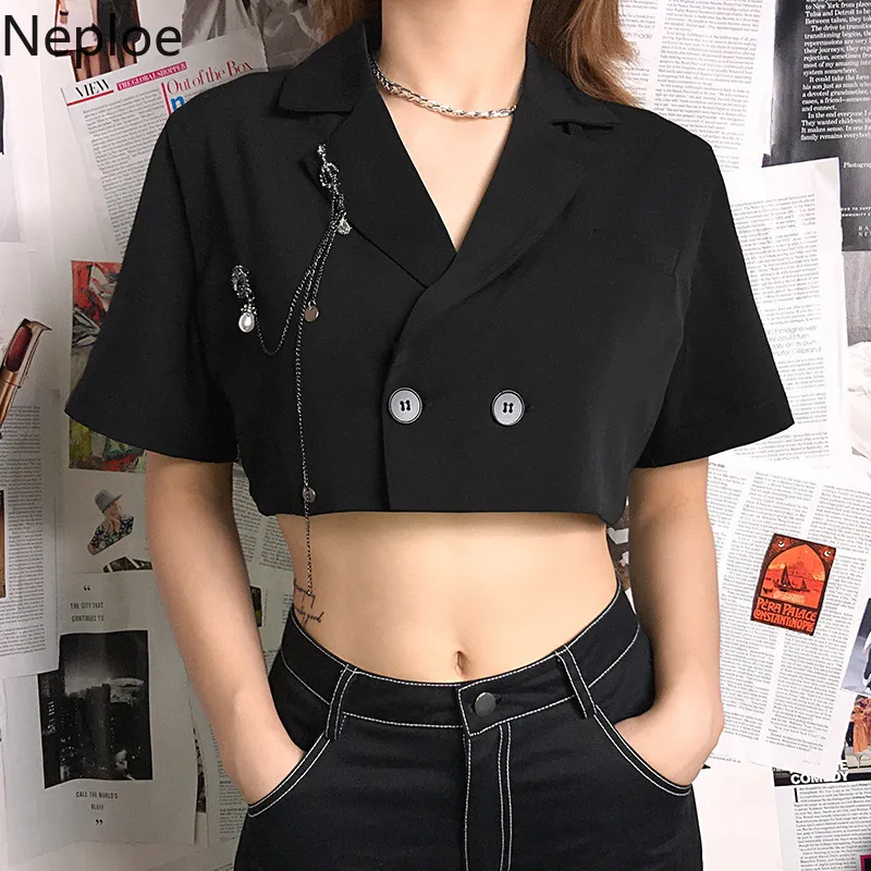 Neploe Belly-Button Blazer Women Solid Fashion Notched Collar Short Sleeve Coats Casual Buttons Chain Female Tops 1C788 210423