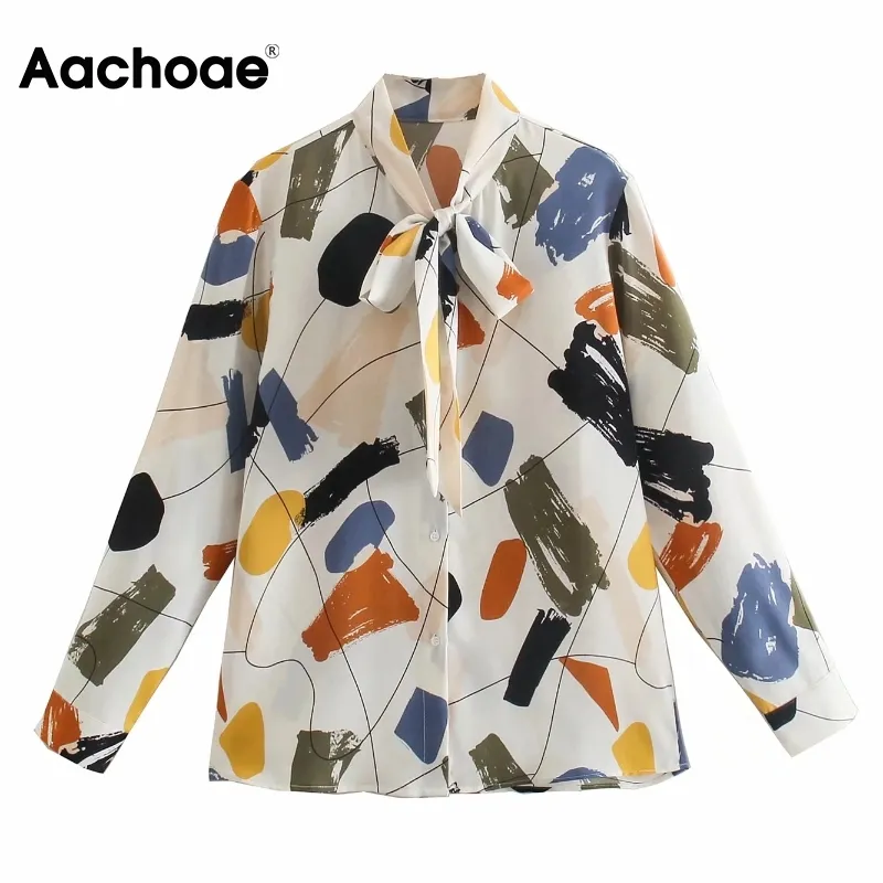 Printed Blouses Women Bow Tie Collar Loose Casual Shirt Long Sleeve Tunic Tops Ladies Office Wear Elegant Blouse 210413