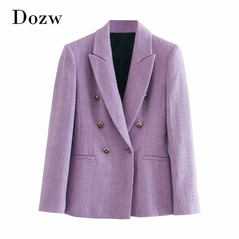 Moda Dupla Breasted Roxo Tweed Blazer Mulheres Escritório Desgaste Chique Casaco Casaco Elegante Manga Comprida Outerwear Tops 210515