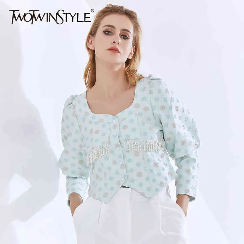Twotwinstyle patchwork pearl tofs blus för kvinnor fyrkantig krage puff ärm elegant kort skjorta kvinnlig mode kläder 210517