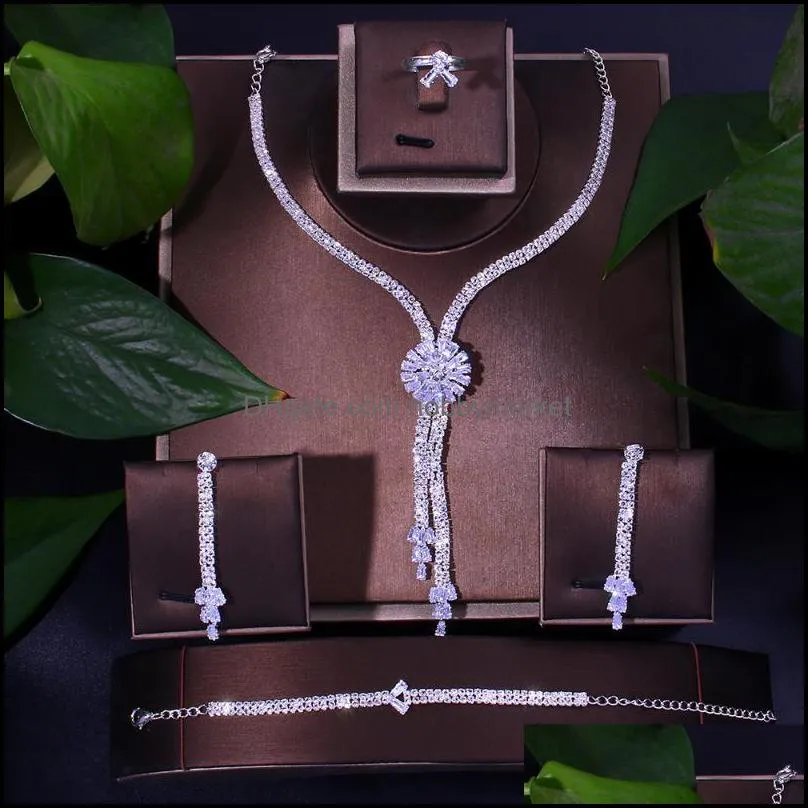 Earrings & Necklace Jewelry Sets 4Pcs Jewellery Set Wedding Aessories Bride For Women Luxury Cubic Zirconia Ring And Bracelet Drop Delivery