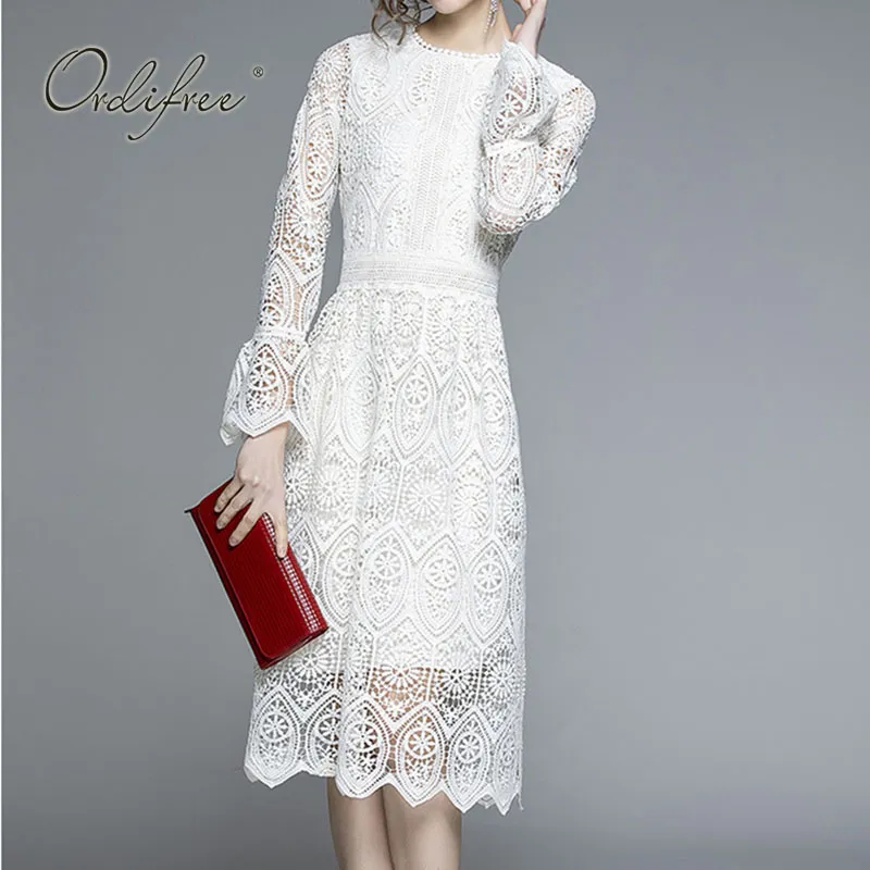 chinese dress ladies White Long Sleeves Crochet Knit Midi Dress – Gabi Swimwear main image 1