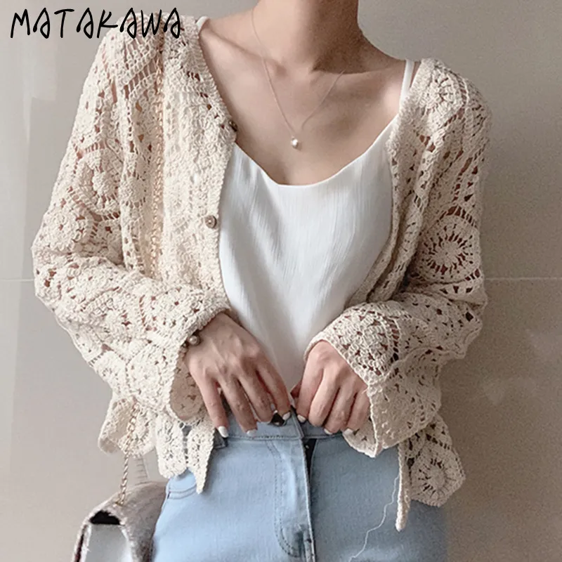 Matakawa Hollow Out Stickade Cardigans Lossa långärmad tröja Kvinnor Koreanska Chic V-Neck Tunna Lace Hækta Harajuku Sweater 210513