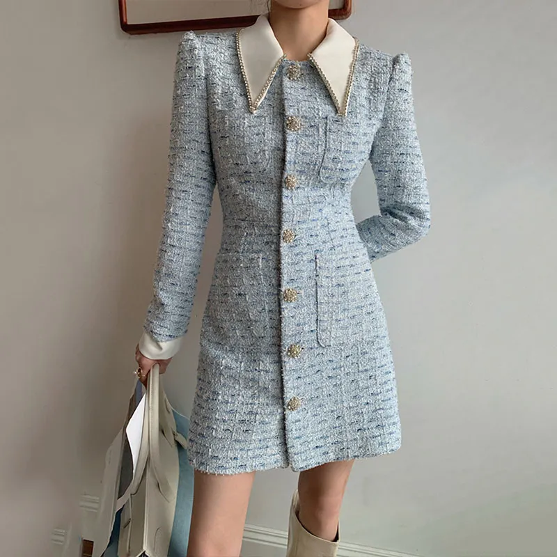 Tweed Lapel Collar Knee-Length Dress for Women with Empire Waistline and  Puff Short Sleeves in Light Blue from Dhgate Basic & Casual Dresses - price  108.58