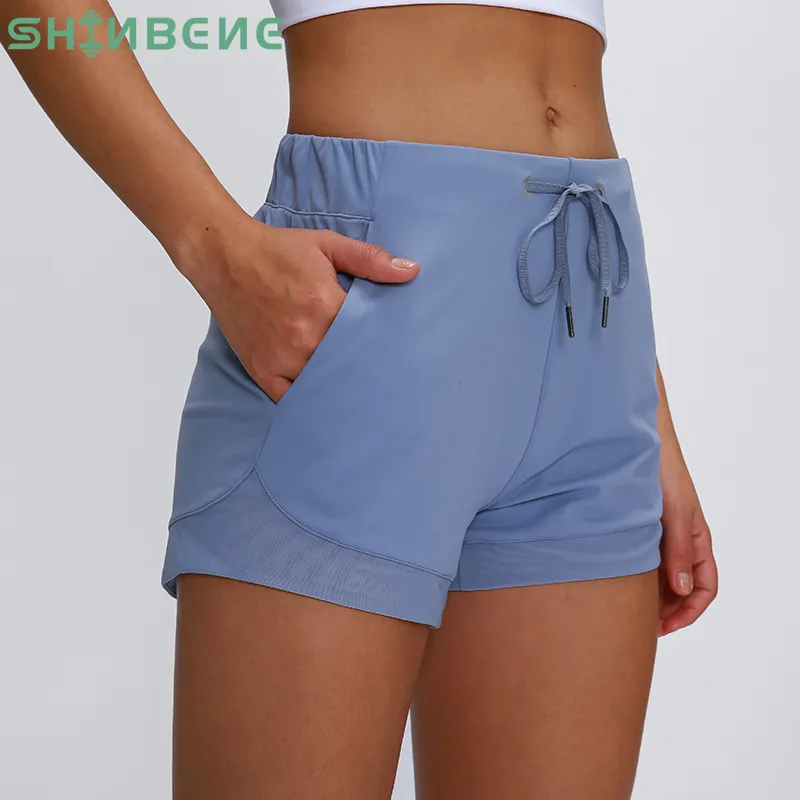 Shinbene Naked-Feel Buttery-Soft Loose Fit Training Gym Sport Kvinnor Midja Drawstring Running Yoga Fitness Workout Shorts