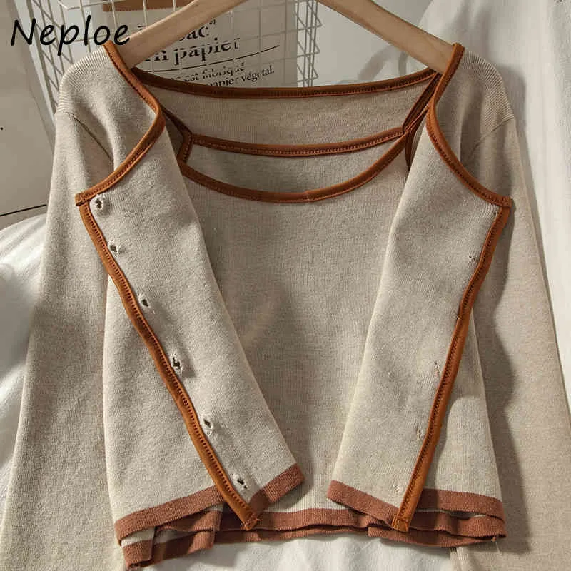 Neploe otoño casual 2 piezas conjunto o-cuello elegante botón panelado patchwork punto cardigan + sexy camis chaleco nuevo traje mujeres 210423