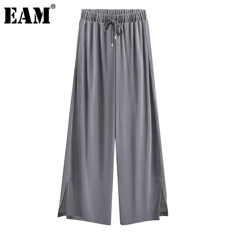[EAM] taille haute élastique gris fente sangle pantalon large coupe ample pantalon femmes mode printemps été 1DD7425 21512