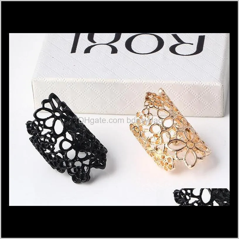 Women Fashion Hollow Alloy Finger Rings Rose Flower Opening Wide Cuff Style Ring Punk Black Gold Colors Ring Jewelry