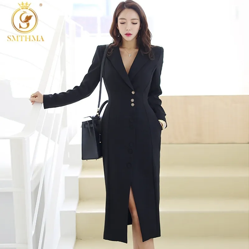 Abito coreano Ufficio da donna Nero Chic Manica lunga Monopetto Autunno Elegante es Vestidos 210520