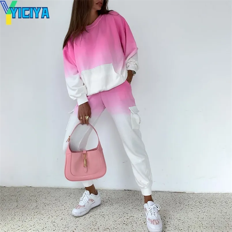 Casual Gradient Tracksuit Women Pockets Autumn Sweatshirt and Sweatpants Sets Loungewear Two Piece Set Women Outfits 211109