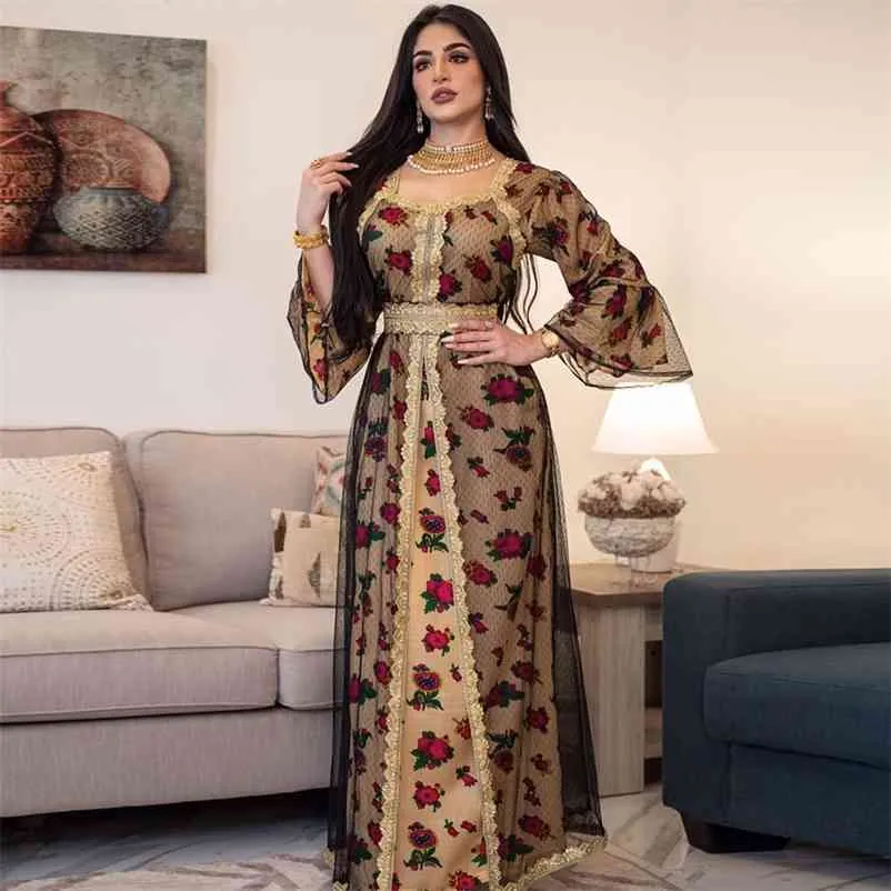 Siskakia Gold Lace Embroidery Jalabiya Mesh Muslim Abaya Dress Eid Mubarak Dubai Turkish Arabic Moroccan Kaftan Islamic Clothing 210409