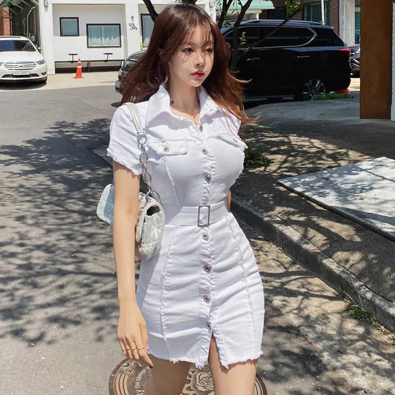 Korea Summer elastic White Slim Buttons Belt Sexy Mini T Shirt Party Dress Elegant Women Denim Dresses Vintage 7MOZ 210603